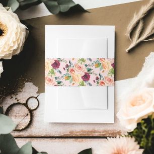 Rustic Pink Burgundy Floral Pattern Fall Wedding Invitation Belly Band