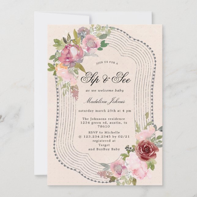 rustic pink burgundy floral sip and see invitation (Front)