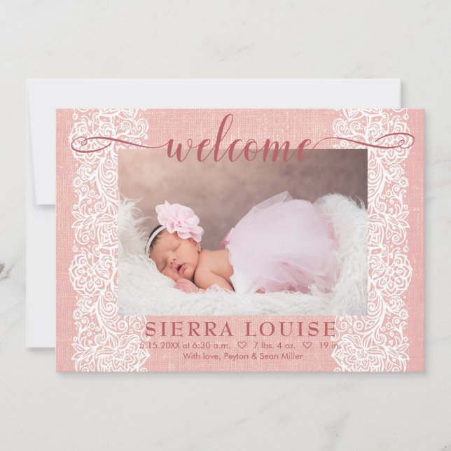 Rustic Pink Burlap & Lace Baby Girl Photo Birth Announcement (Front)