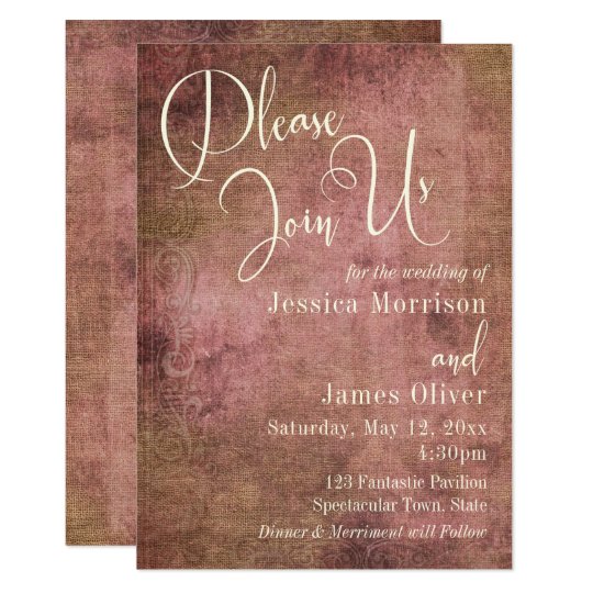 Rustic Pink & Burlap Vintage Typography Wedding 2 Card