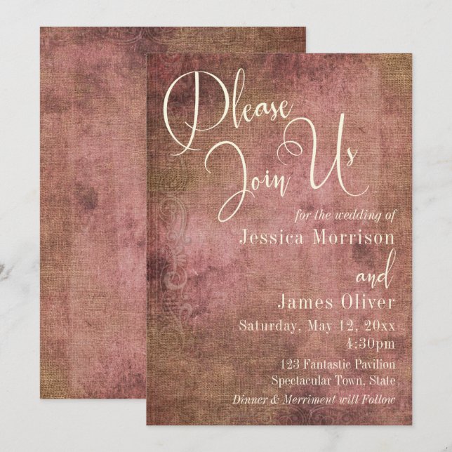 Rustic Pink & Burlap Vintage Typography Wedding 2 Invitation (Front/Back)