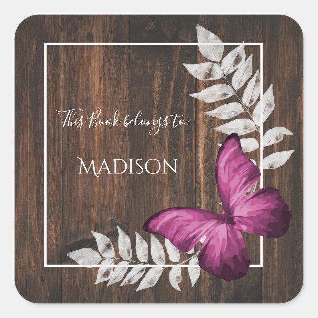 Rustic Pink Butterfly Book Sticker (Front)