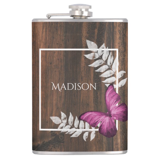 Rustic Pink Butterfly Flask (Front)
