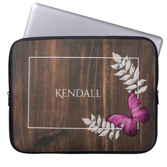 Rustic Pink Butterfly Personalized Laptop Sleeve (Front)