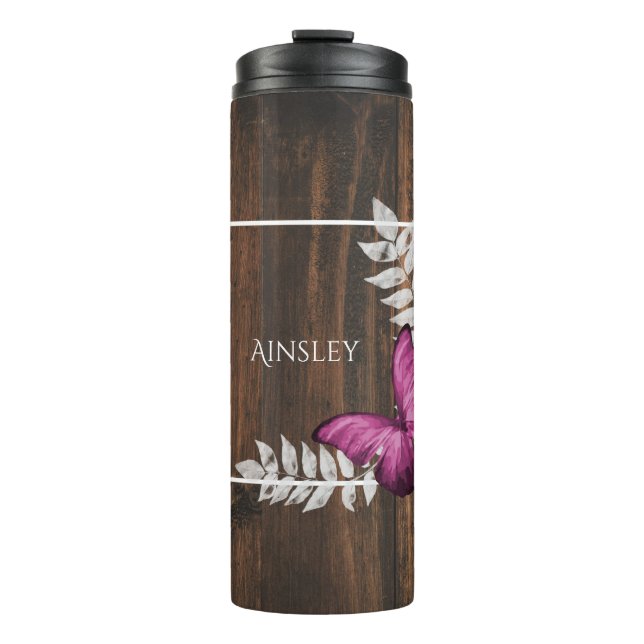 Rustic Pink Butterfly Personalized Thermal Tumbler (Front)