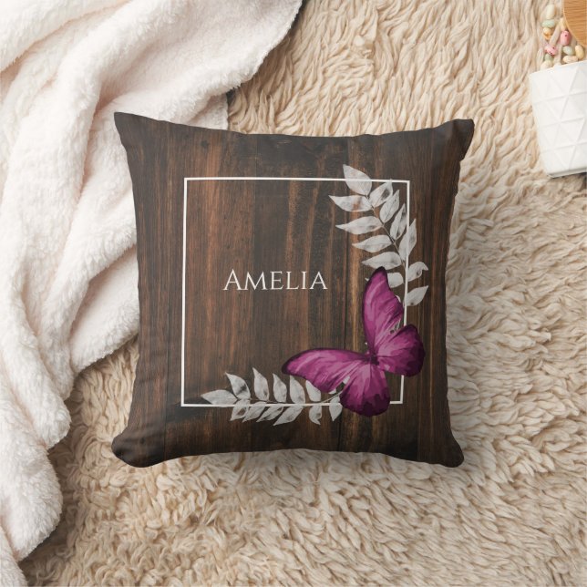 Rustic Pink Butterfly Throw Pillow (Blanket)
