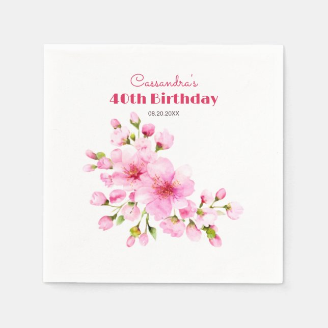 Rustic Pink Cherry Blossom Sakura Floral Birthday Napkin (Front)
