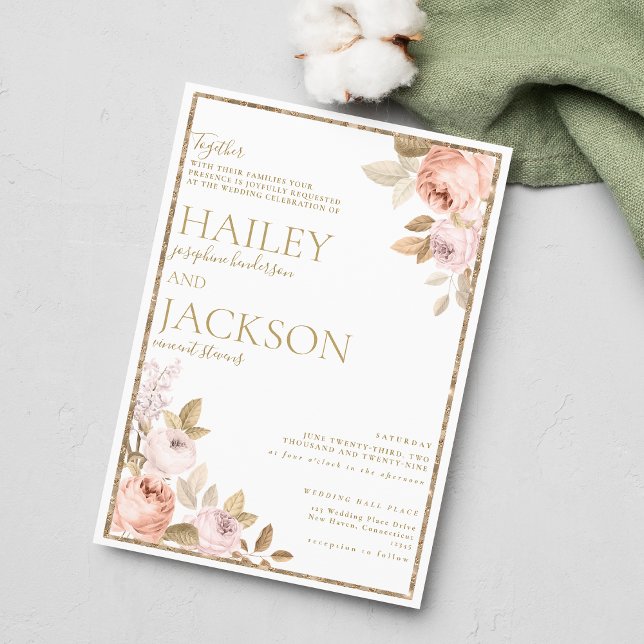  Rustic pink coral gold floral boho theme wedding  Invitation (Rustic pink coral gold floral boho theme wedding )