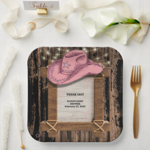 Rustic Pink Cowgirl Hat Baby Shower  Paper Plate