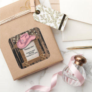Rustic Pink Cowgirl Hat Baby Shower Square Sticker