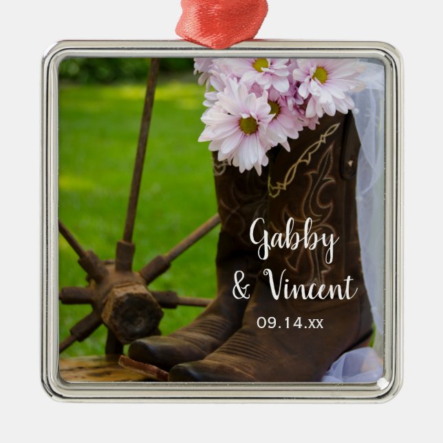 Rustic Pink Daisies Cowboy Boots Country Wedding Metal Ornament (Front)
