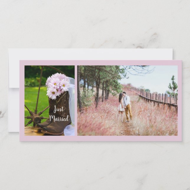Rustic Pink Daisies Cowboy Boots Just Married Announcement (Front)