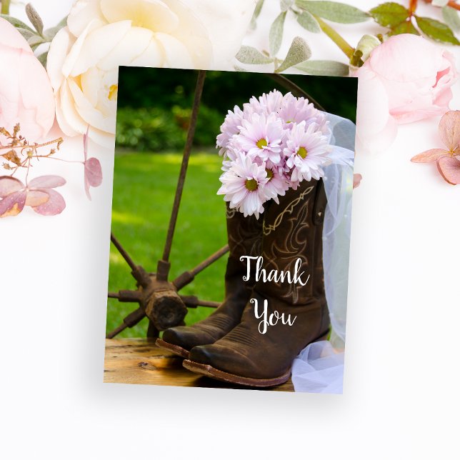 Rustic Pink Daisies Cowboy Boots Wedding Thank You Postcard (Creator Uploaded)