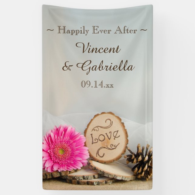 Rustic Pink Daisy Woodland Wedding Banner (Vertical)