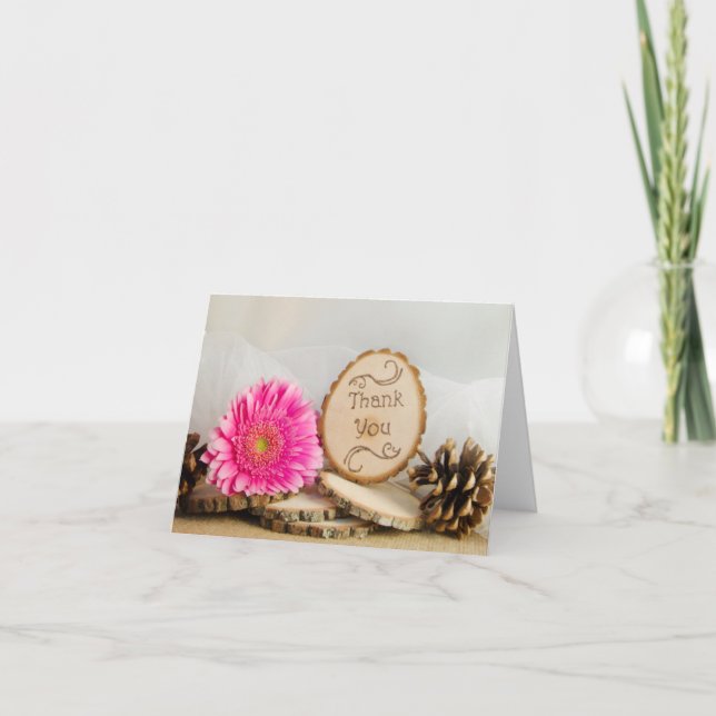 Rustic Pink Daisy Woodland Wedding Thank You Card (Front)