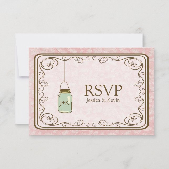 Rustic Pink Damask with Mason Jar RSVP Card (Front)