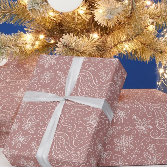 Rustic Pink Doodle Christmas Sleigh Pattern Wrapping Paper (Creator Uploaded)