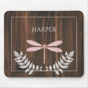 Rustic Pink Dragonfly Personalized Mouse Pad