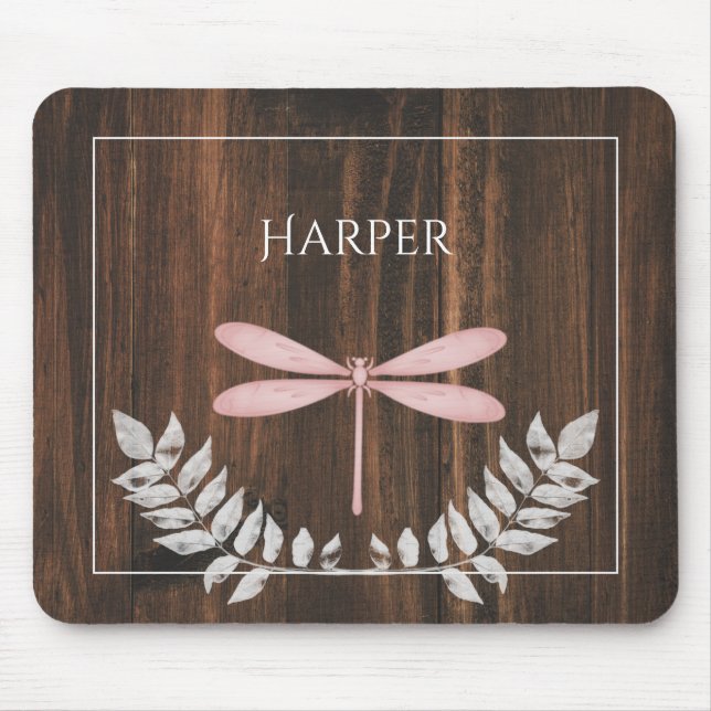 Rustic Pink Dragonfly Personalized Mouse Pad (Front)