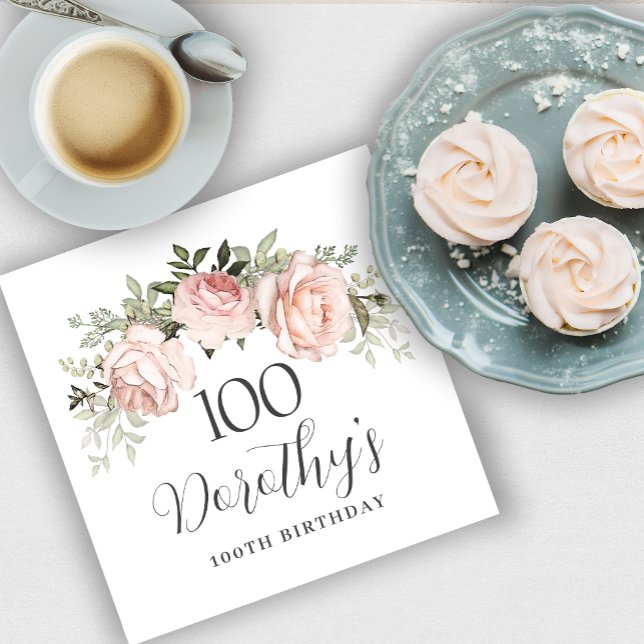 Rustic Pink Floral 100th Birthday Party Custom Napkin (Creator Uploaded)