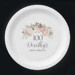 Rustic Pink Floral 100th Birthday Party Custom Paper Plate<br><div class="desc">Soft blush pink roses and bright pink buds create a beautifully rustic floral sprig. The birthday woman's name is written in a large script font. This paper plate is part of the 100th Birthday Pink Rose Floral collection. It contains many DIY templates that let you quickly create invitations and party...</div>