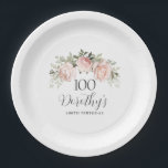 Rustic Pink Floral 100th Birthday Party Custom Paper Plate<br><div class="desc">Soft blush pink roses and bright pink buds create a beautifully rustic floral sprig. The birthday woman's name is written in a large script font. This paper plate is part of the 100th Birthday Pink Rose Floral collection. It contains many DIY templates that let you quickly create invitations and party...</div>