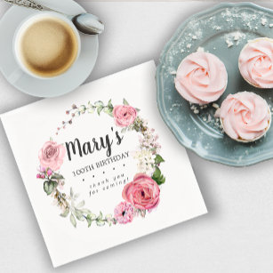 Rustic Pink Floral 100th Birthday Party Napkins