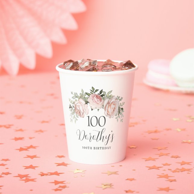 Rustic Pink Floral 100th Birthday Party Paper Cups (Insitu)