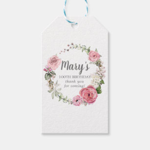 Rustic Pink Floral 100th Birthday Thank You Gift Tags