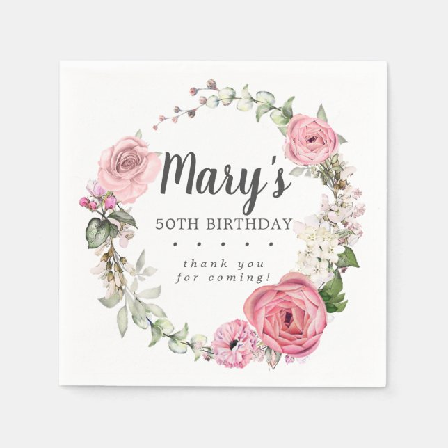 Rustic Pink Floral 50th Birthday Party Napkins (Front)