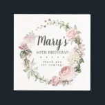 Rustic Pink Floral 60th Birthday Party Napkin<br><div class="desc">Soft blush pink roses and bright pink buds create a beautifully rustic floral wreath. White hydrangeas at to the floral bloom. The birthday woman's name is written in a large script font. 60th Birthday and the thank you sentiment follow. This birthday napkin is part of the 60th Birthday Pink Rose...</div>