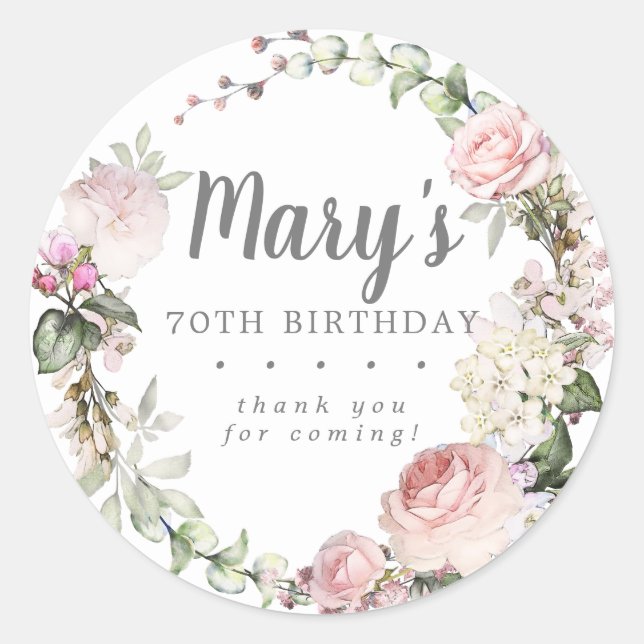 Rustic Pink Floral 70th Birthday Thank You Classic Round Sticker (Front)