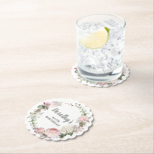 Rustic Pink Floral 80th Birthday Paper Coaster