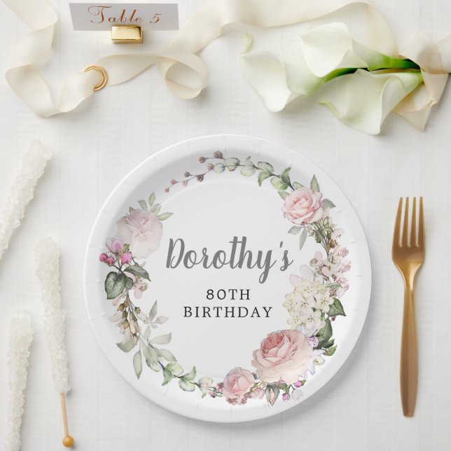 Rustic Pink Floral 80th Birthday Paper Plate (Wedding)