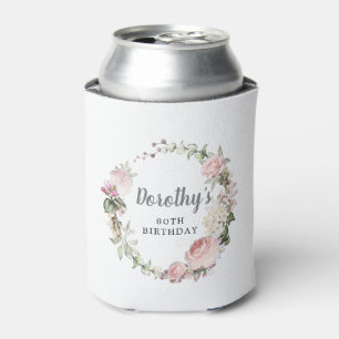 Rustic Pink Floral 80th Birthday Thank You Can Cooler