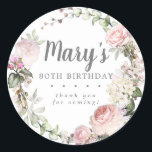 Rustic Pink Floral 80th Birthday Thank You Classic Round Sticker<br><div class="desc">Soft blush pink roses and bright pink buds create a beautifully rustic floral wreath. White hydrangeas at to the floral bloom. The birthday woman's name is written in a large script font. 80th Birthday and the thank you sentiment follow. This birthday sticker is part of the 80th Birthday Pink Rose...</div>