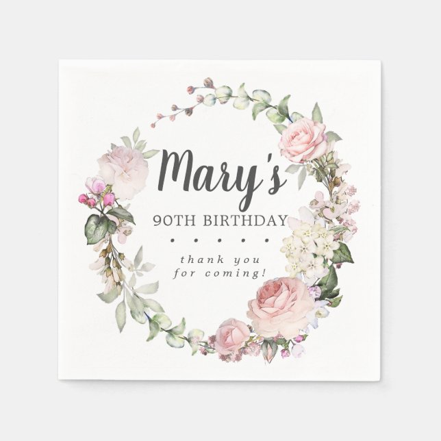 Rustic Pink Floral 90th Birthday Party Napkin (Front)