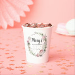 Rustic Pink Floral 90th Birthday Party Paper Cups<br><div class="desc">Soft blush pink roses and bright pink buds create a beautifully rustic floral wreath. White hydrangeas at to the floral bloom. The birthday woman's name is written in a large script font. 90th Birthday and the thank you sentiment follow. This paper cup is part of the 90th Birthday Pink Rose...</div>
