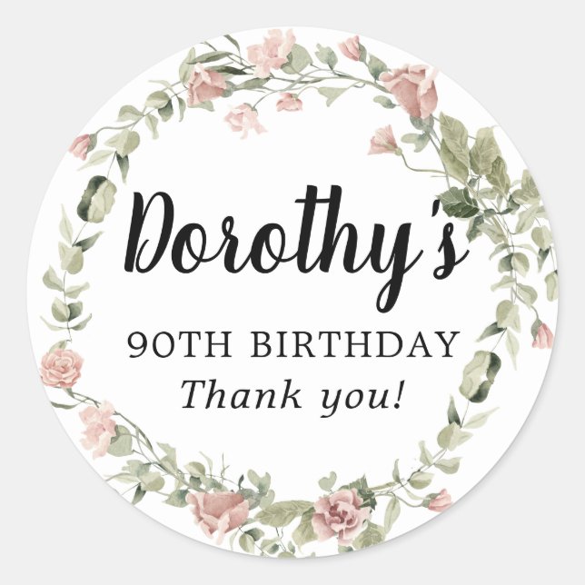 Rustic Pink Floral 90th Birthday Thank You Classic Round Sticker (Front)