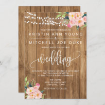 Rustic Pink Floral and Wood Wedding Invitation
