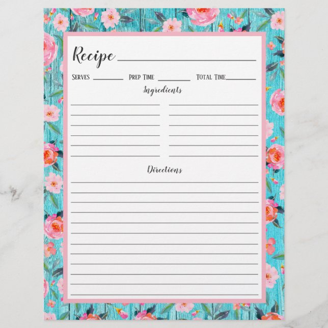 Rustic Pink Floral Aqua Wood Recipe Binder Page (Front)