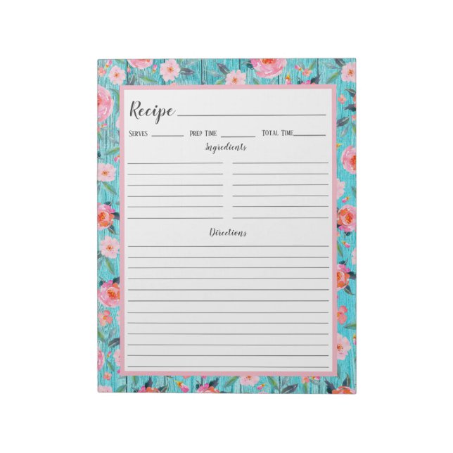 Rustic Pink Floral Aqua Wood Recipe Notepad (Rotated)
