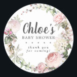 Rustic Pink Floral Baby Shower Thank You Classic Round Sticker<br><div class="desc">Soft blush pink roses and bright pink buds create a beautifully rustic floral wreath. White hydrangeas at to the floral bloom. The mother's name is written in a large script font. Baby Shower and the thank you sentiment follow. This bridal shower sticker is part of the Summer Romance Baby Shower...</div>