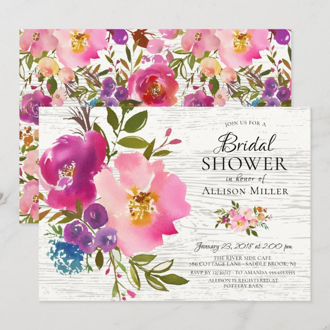 Rustic Pink Floral Bridal Shower Invitations (Front/Back)