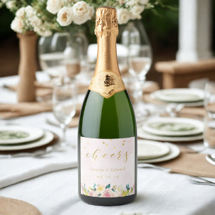 Rustic Pink Floral Bridal Shower Wedding Wine Sparkling Wine Label