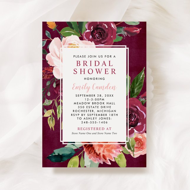 Rustic Pink Floral Burgundy Wedding Bridal Shower Invitation (Creator Uploaded)