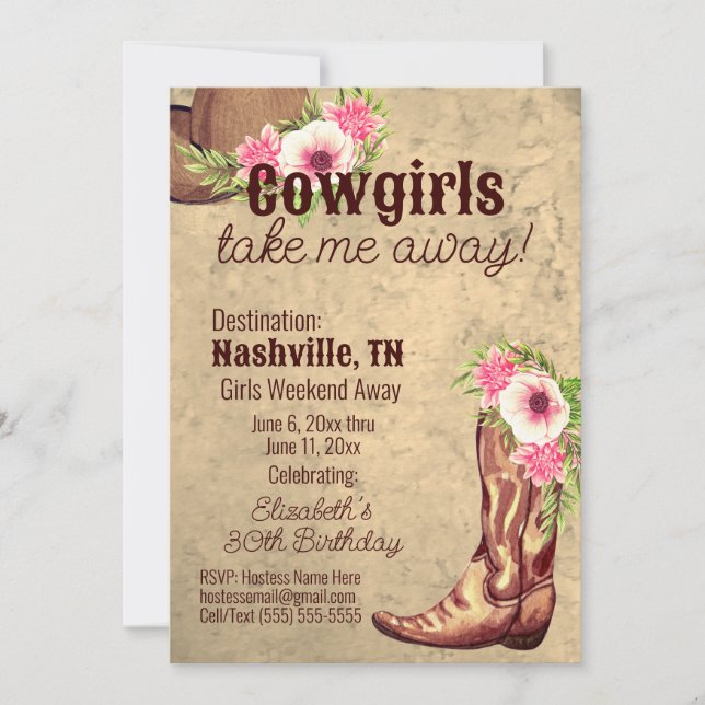 Rustic, Pink, Floral, Cowgirl, Invitation 2 sides (Front)