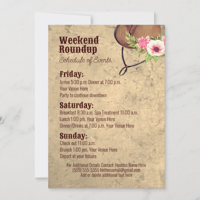 Rustic, Pink, Floral, Cowgirl, Itinerary Invitation (Front)