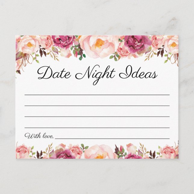 Rustic Pink Floral Date Night Ideas Cards (Front)