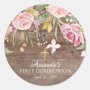 Rustic Pink Floral First Holy Communion Sticker